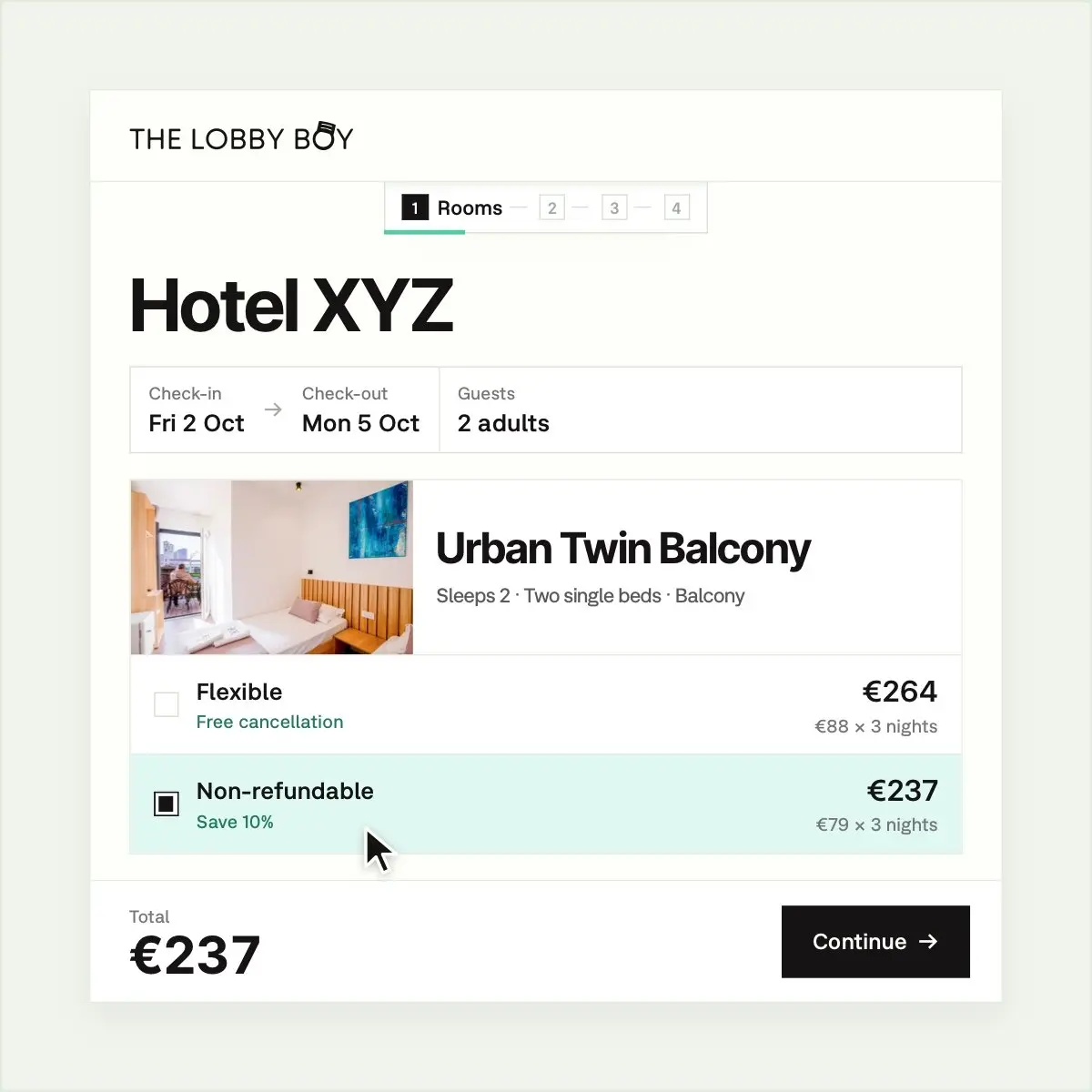 The booking engine scene: a guest picks a room, adds a late check-out, pays and is booked
