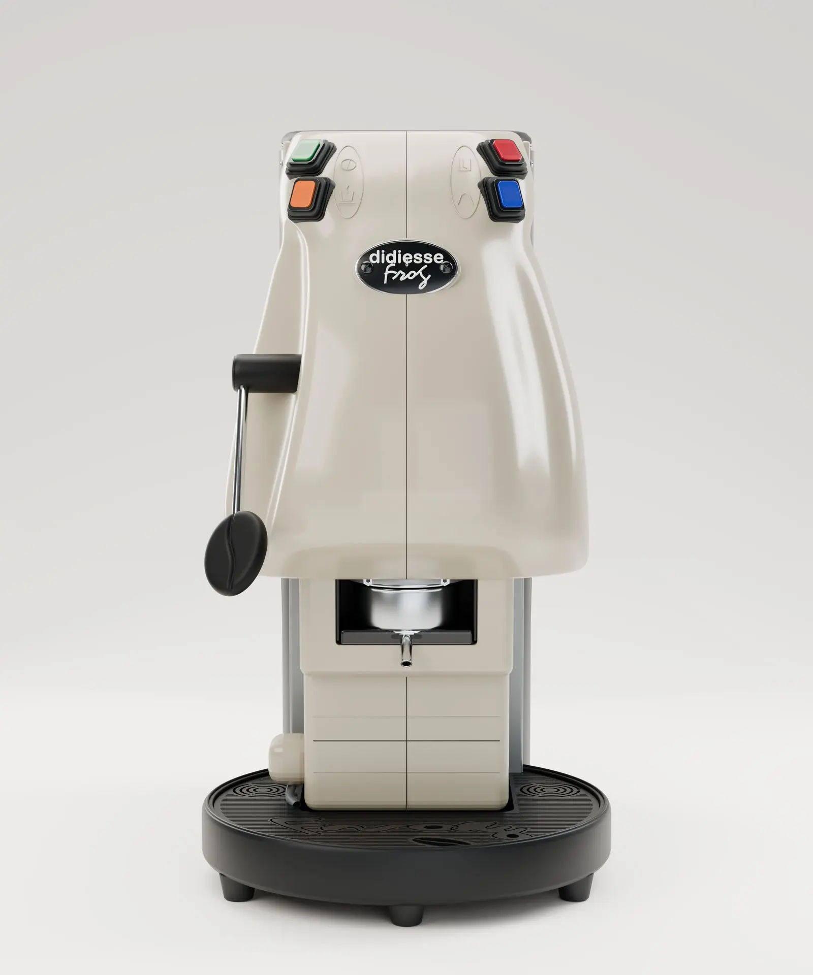 Front: Four rocker switches, the badge and the brew head, square to the camera. 3D espresso machine model for Caffè Iuliano, Pluton Studio