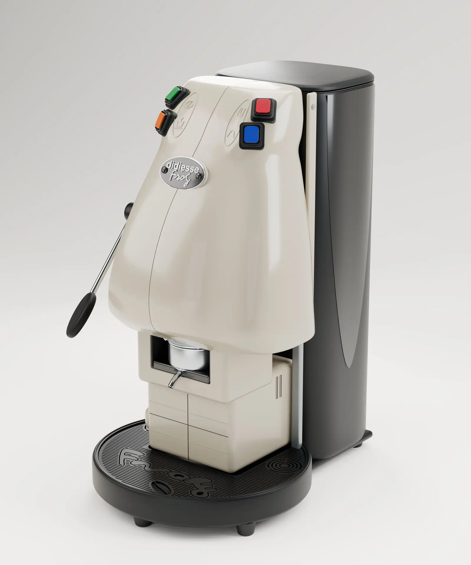 Right three-quarter: The tall tank with its polished insert, the lever in profile and the tray. 3D espresso machine model for Caffè Iuliano, Pluton Studio