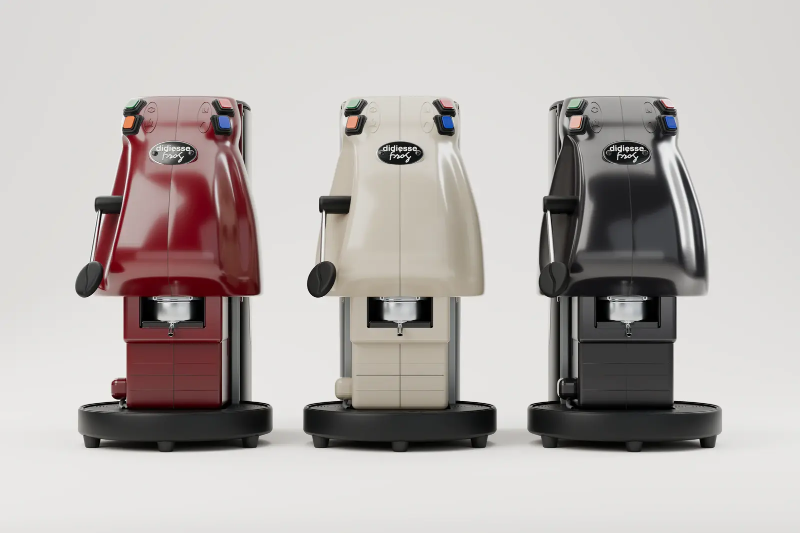Three colours in the studio: Ruby red, warm ivory and piano black side by side. 3D espresso machine model for Caffè Iuliano, Pluton Studio