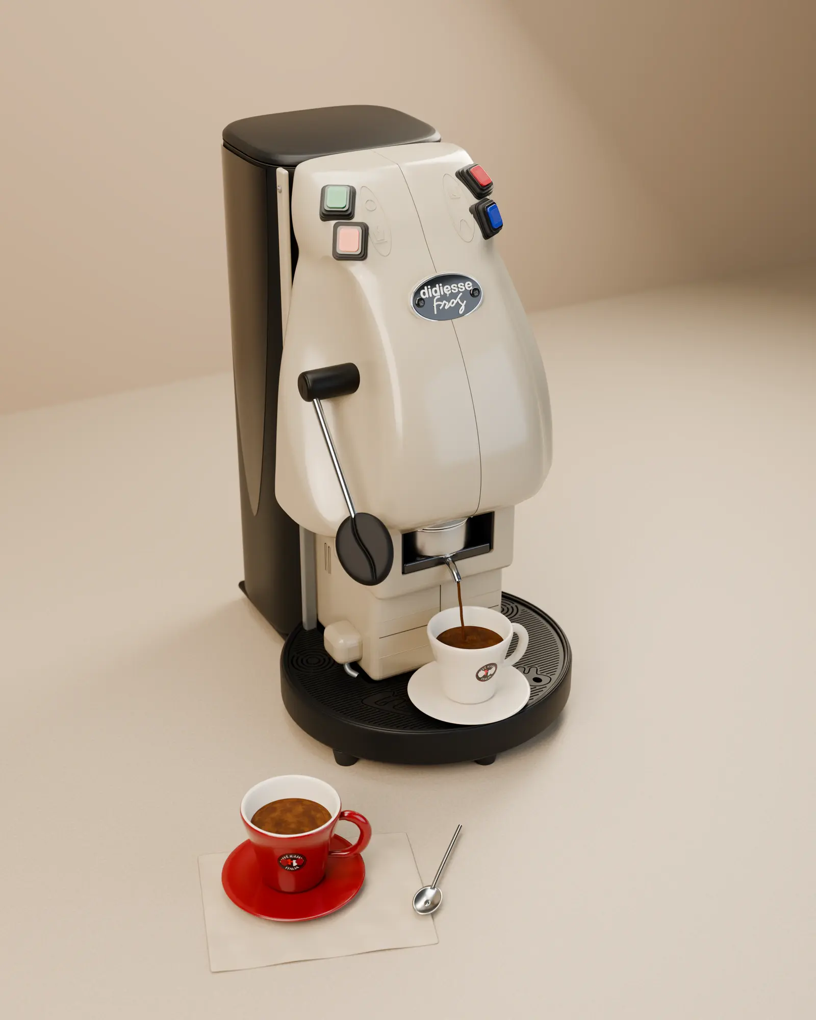 Morning espresso: Warm ivory mid-pour, a second cup waiting on a napkin. 3D espresso machine model for Caffè Iuliano, Pluton Studio