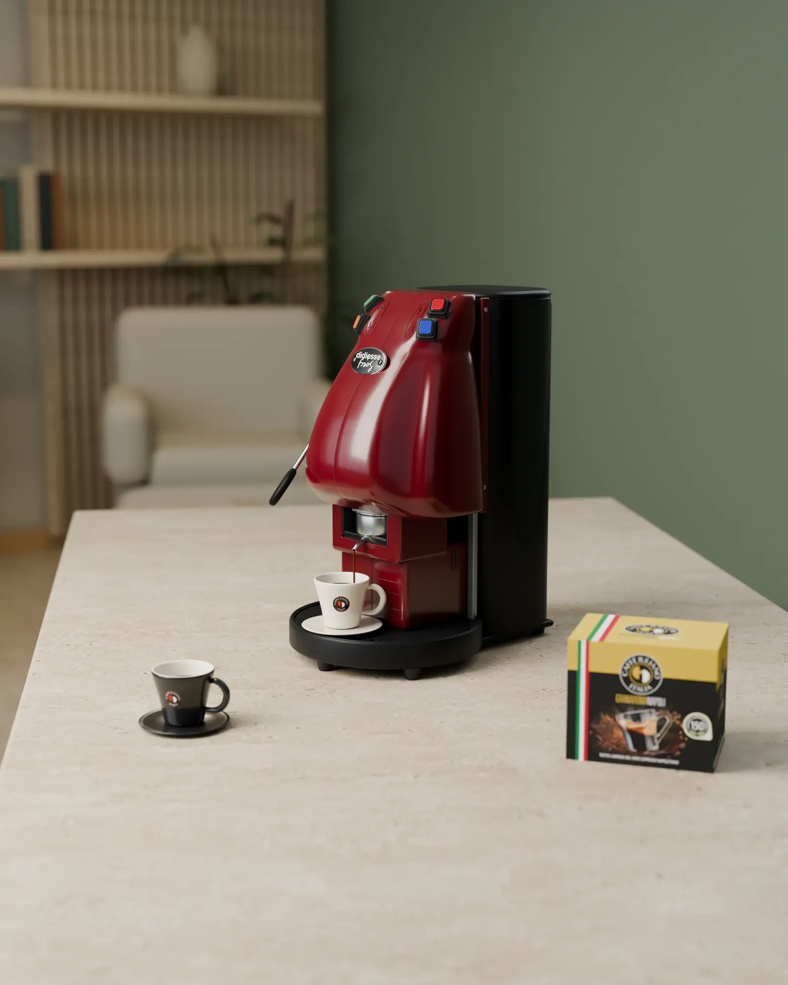 Green office: Ruby red pouring against a sage wall, a box of Gran Aroma Napoli beside it. 3D espresso machine model for Caffè Iuliano, Pluton Studio