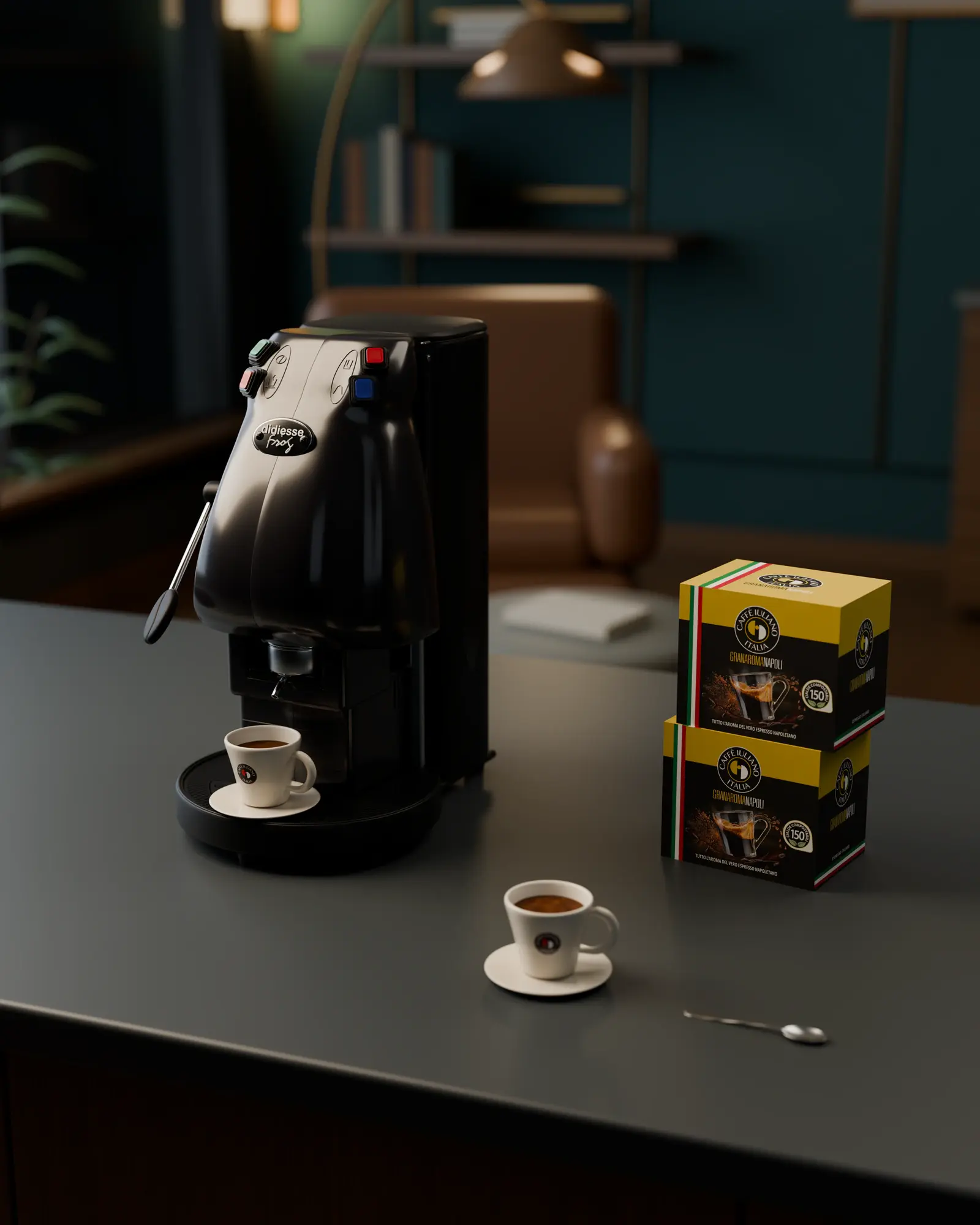 Office at dusk: Piano black on a dark counter, two boxes and a finished espresso. 3D espresso machine model for Caffè Iuliano, Pluton Studio