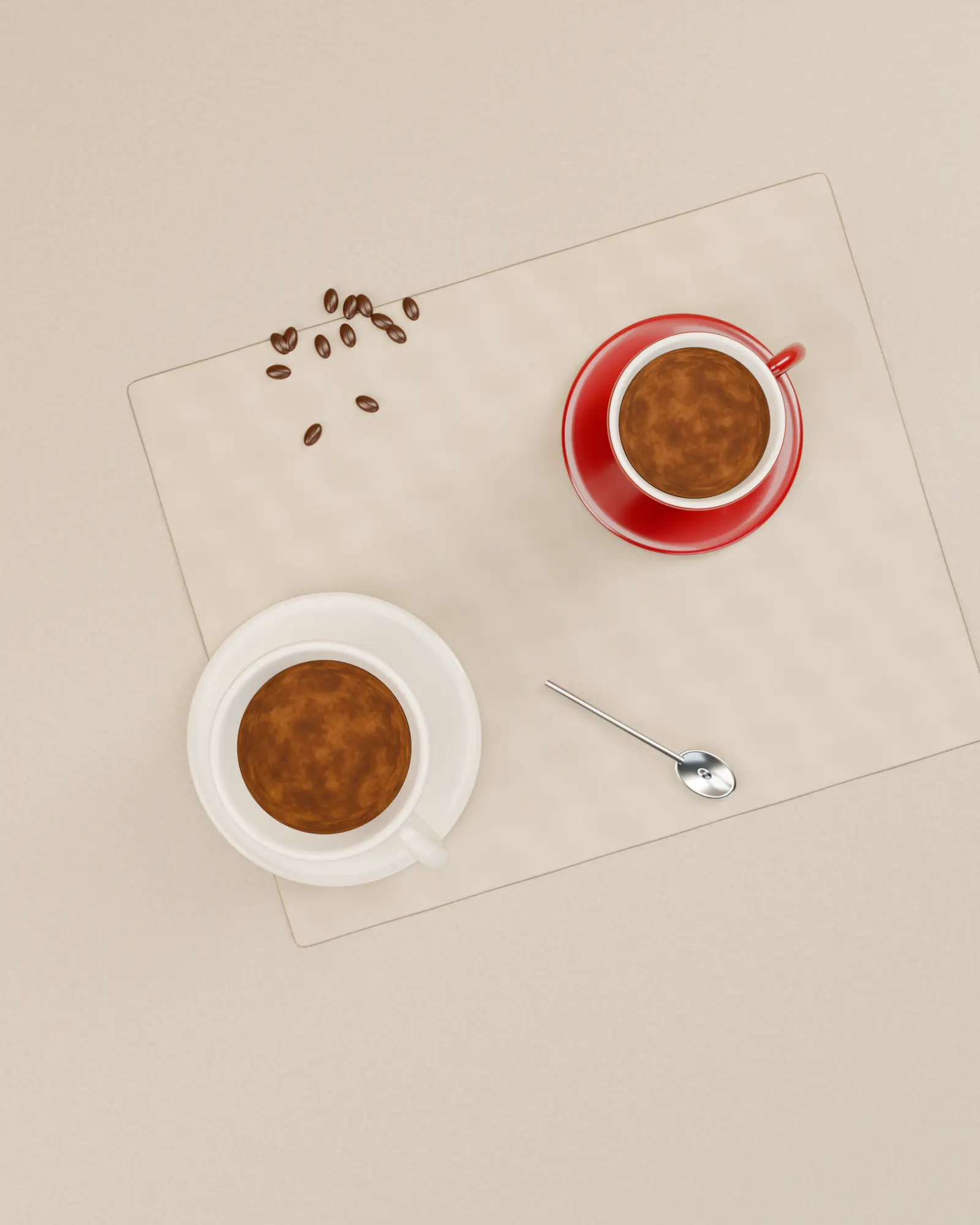 From above: Two espressos, the red cup and the white, with their crema and a few beans. 3D espresso machine model for Caffè Iuliano, Pluton Studio