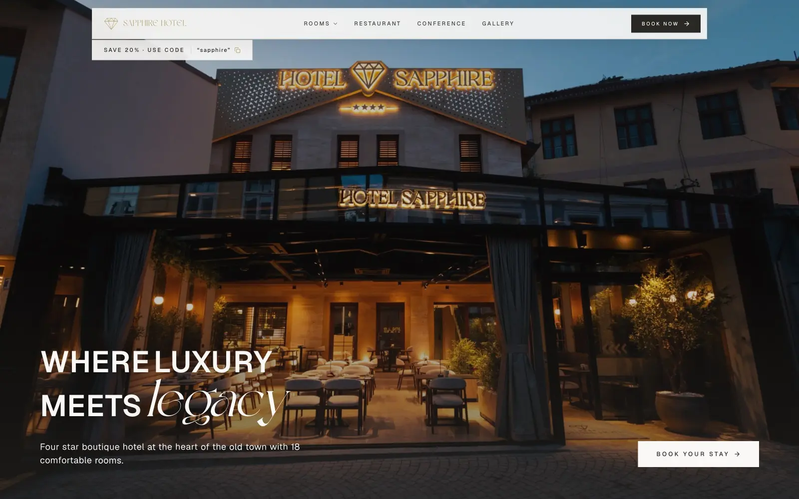 Sapphire Hotel, schermata del sito