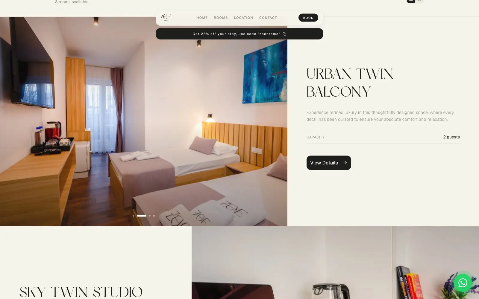 ZOE Hotel, schermata del sito