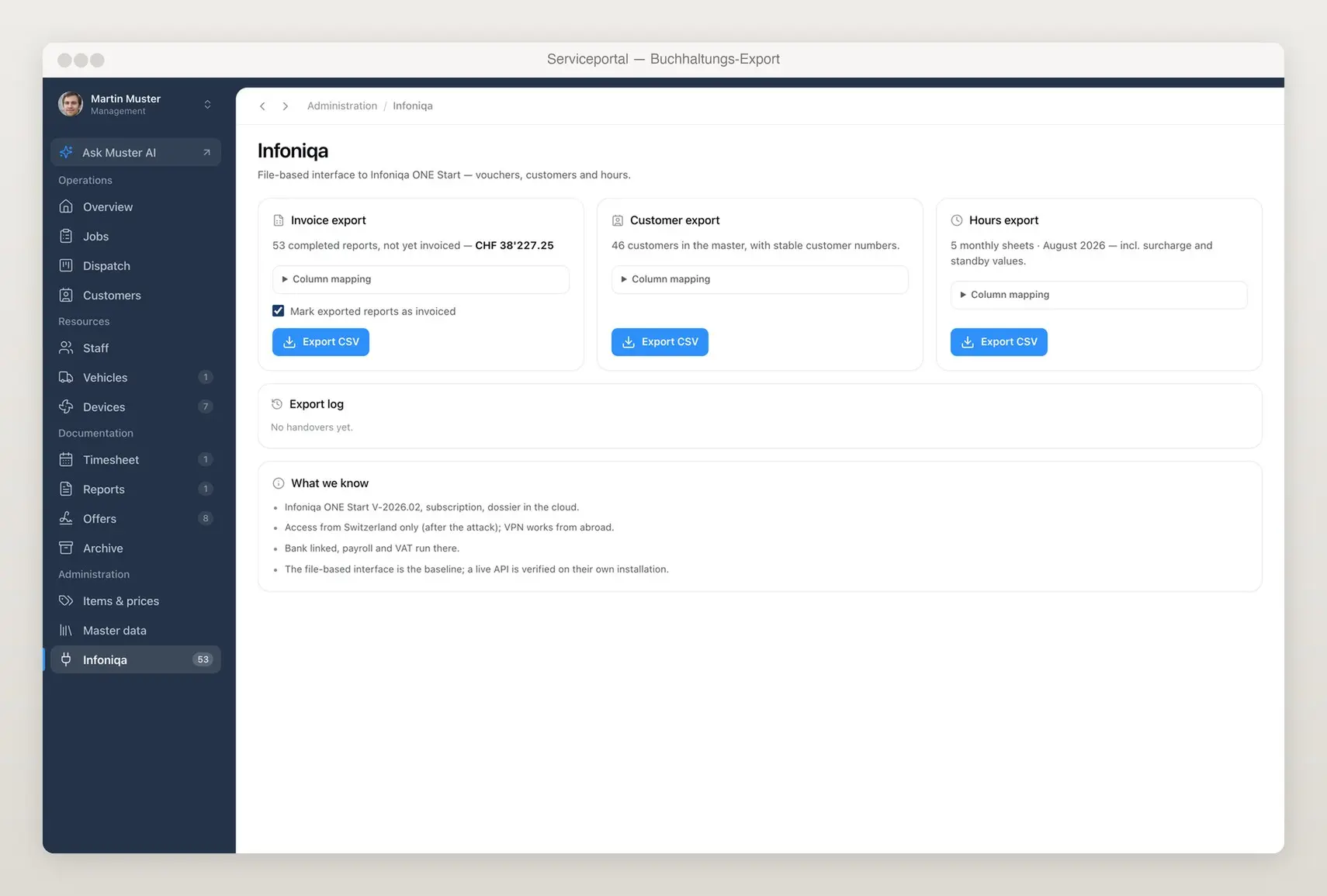The handover to accounting: Invoices, customers and hours leave the system as one file batch for the accounting software. Field-service platform for a Swiss service company, Pluton Studio