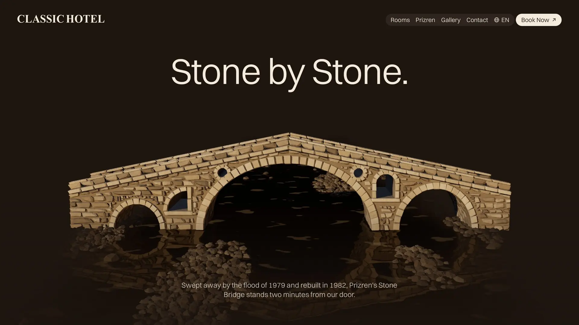 The 3D Stone Bridge on the Classic Hotel homepage: stones fly in over a dark river and set into three arches as the page scrolls, under the heading Stone by Stone