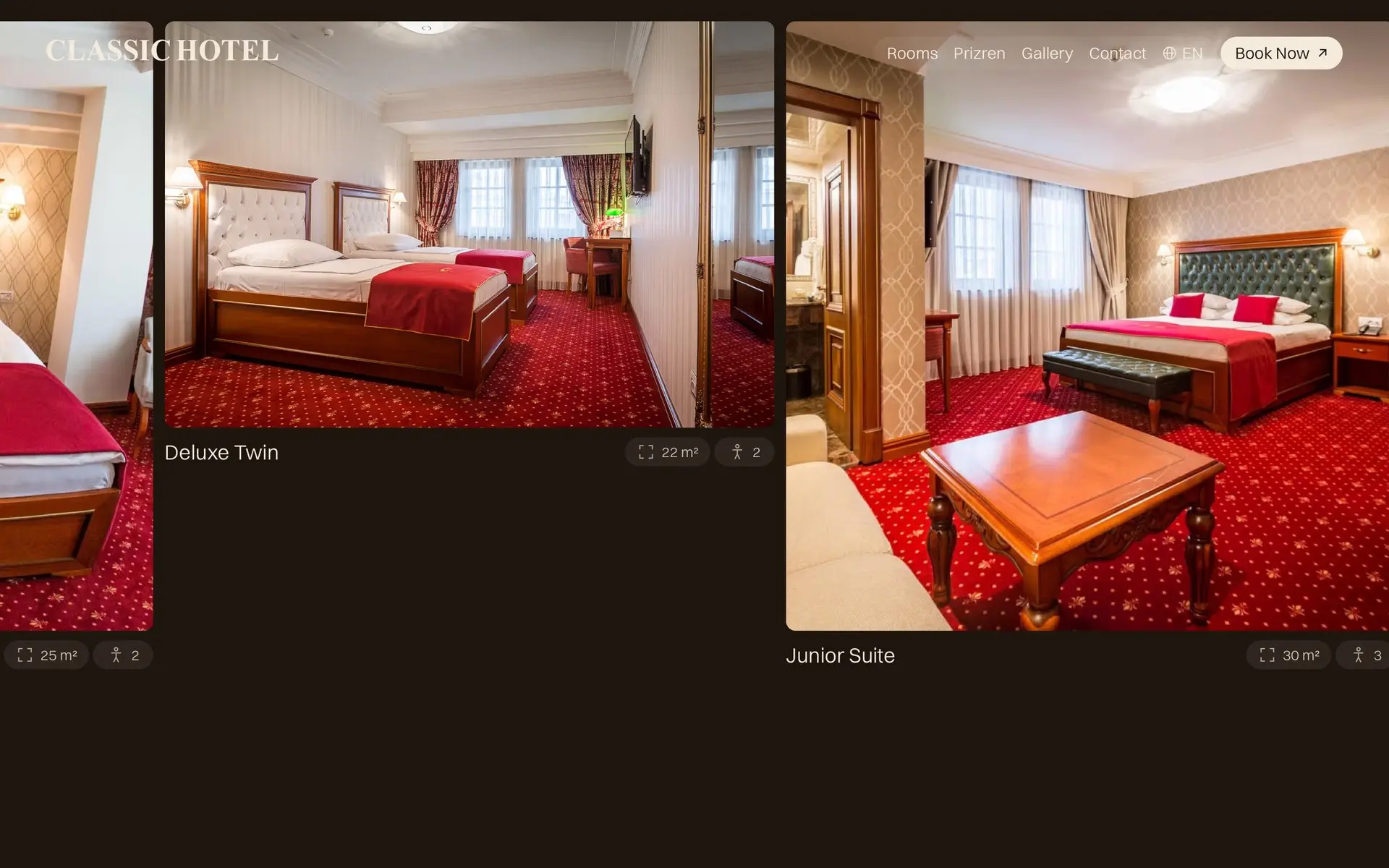 The Rooms & Suites row on the Classic Hotel homepage drifting sideways as the page scrolls down