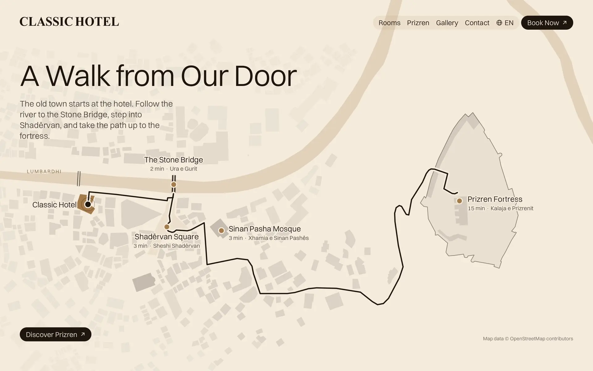 The walk map on classichotelks.com: a line draws the walking route from Classic Hotel past the Stone Bridge, Shadërvan and the Sinan Pasha Mosque up to Prizren Fortress