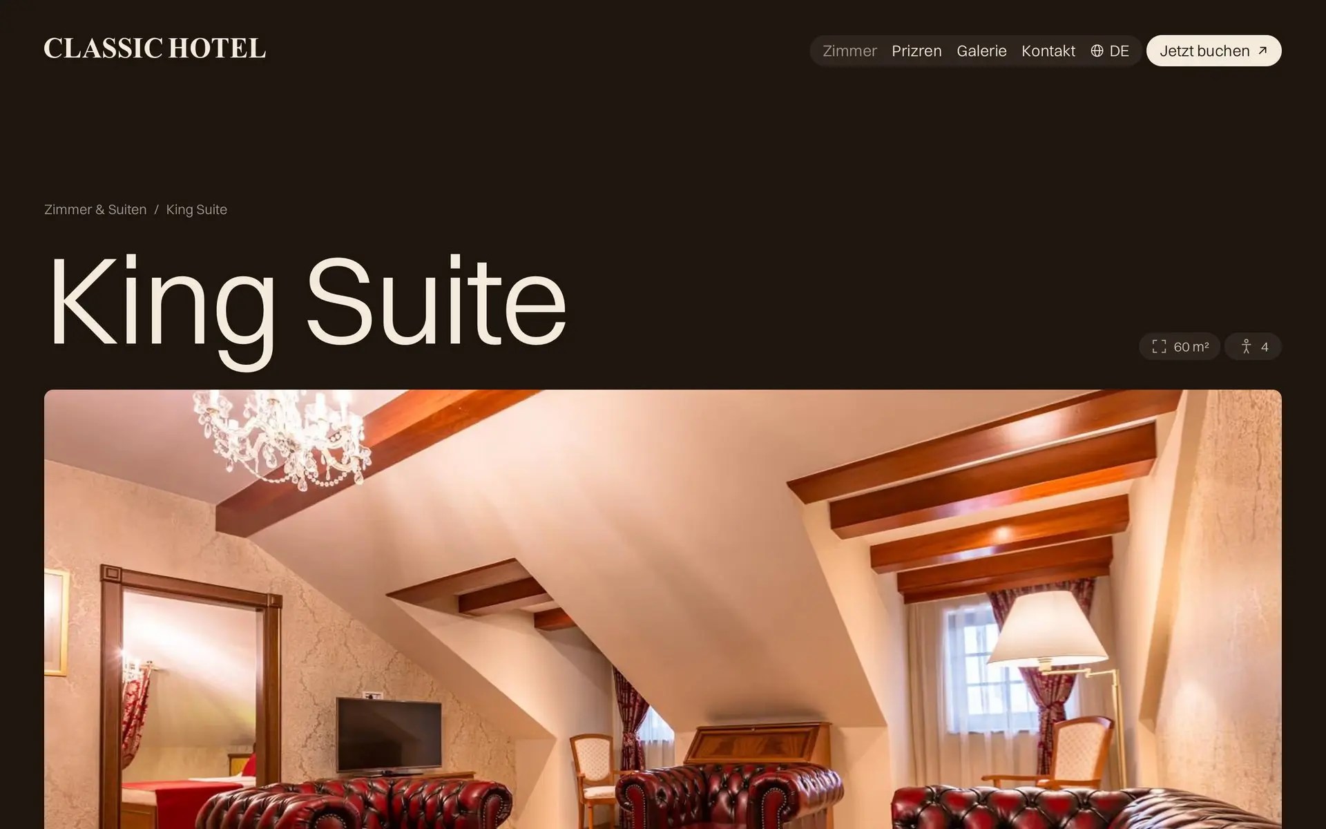 The King Suite page of classichotelks.com in German, its size and guests beside the title, over a photo of the suite