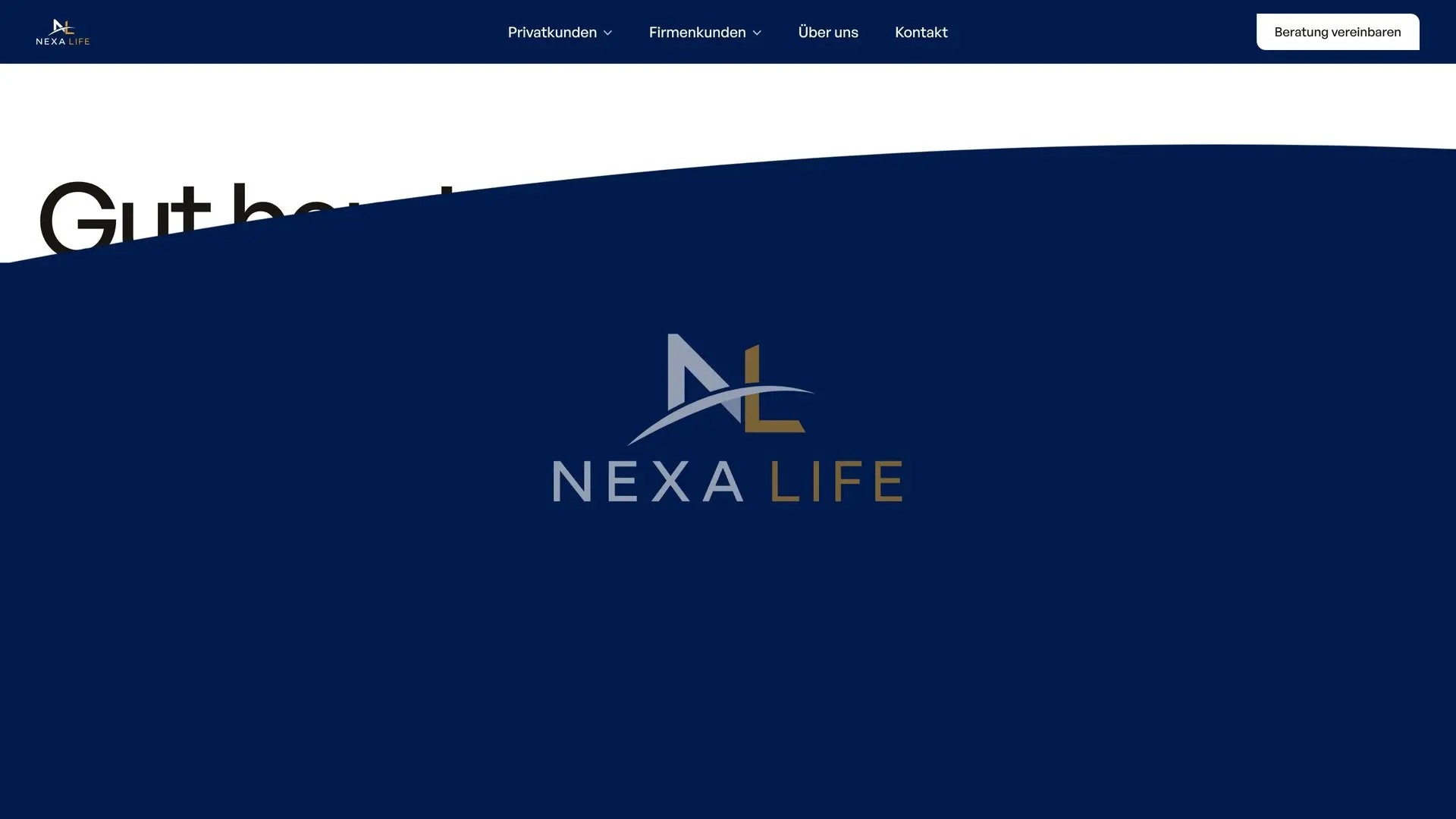 A page change on nexalife.ch: the navy curtain with the NEXA LIFE logo rises over the homepage and lifts onto the About page