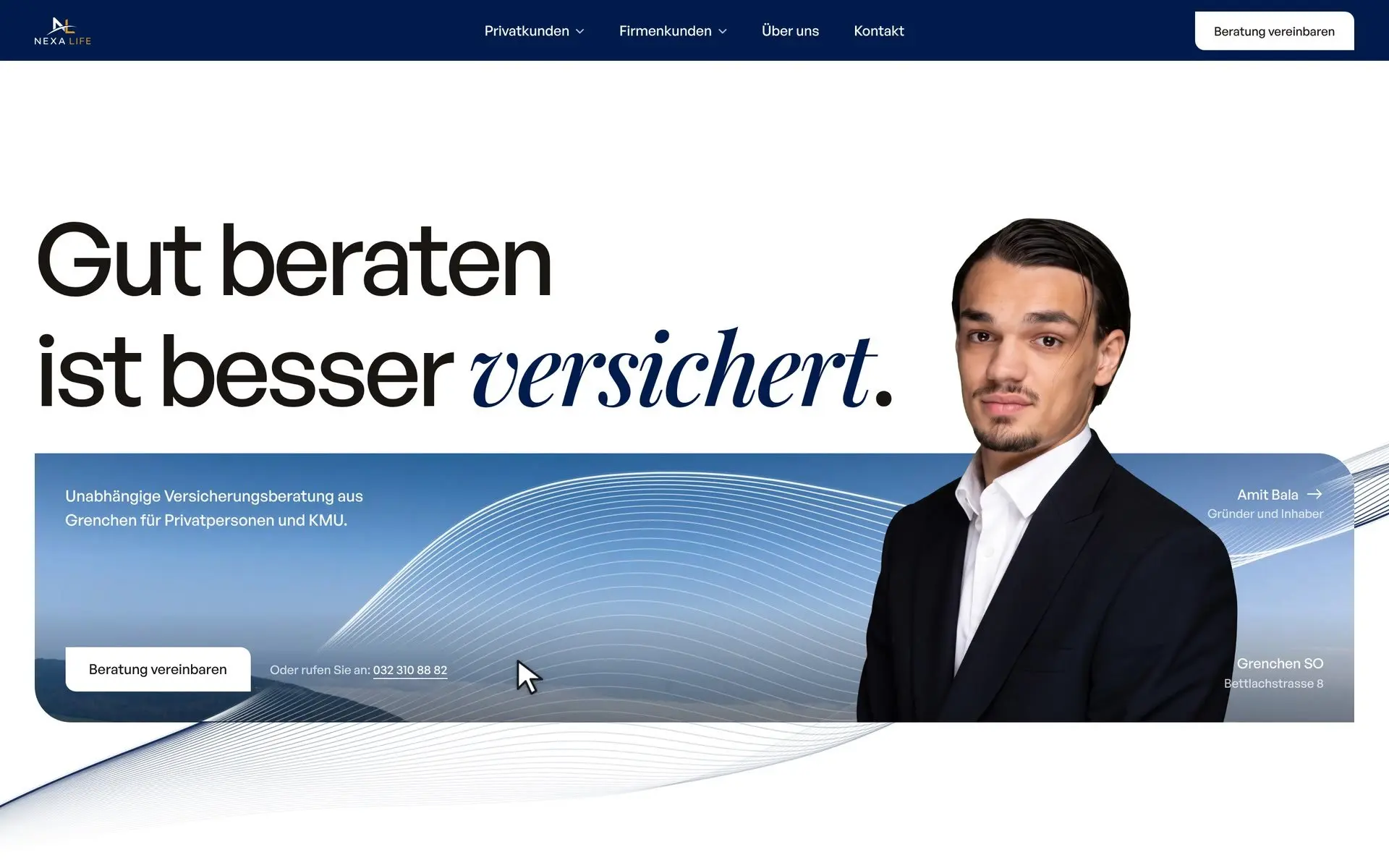 The background of the NEXA LIFE homepage: the arc from the logo drawn as fine threads that run through the photo card and part around the mouse pointer