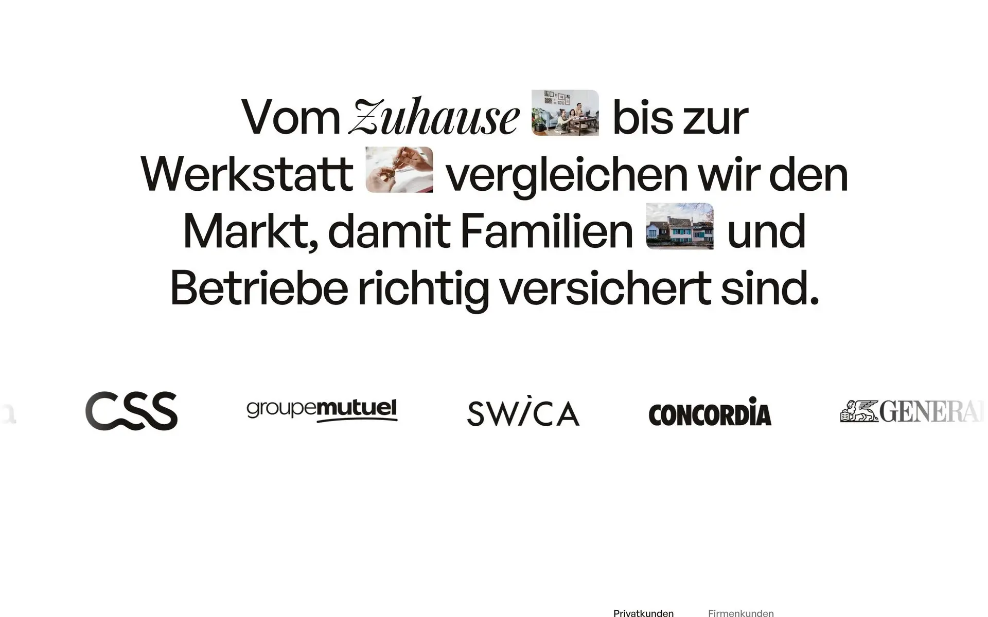The statement on the NEXA LIFE homepage, small photos set between its words, and under it the logos of Helsana, CSS, Groupe Mutuel, SWICA, Concordia, Generali and Zurich