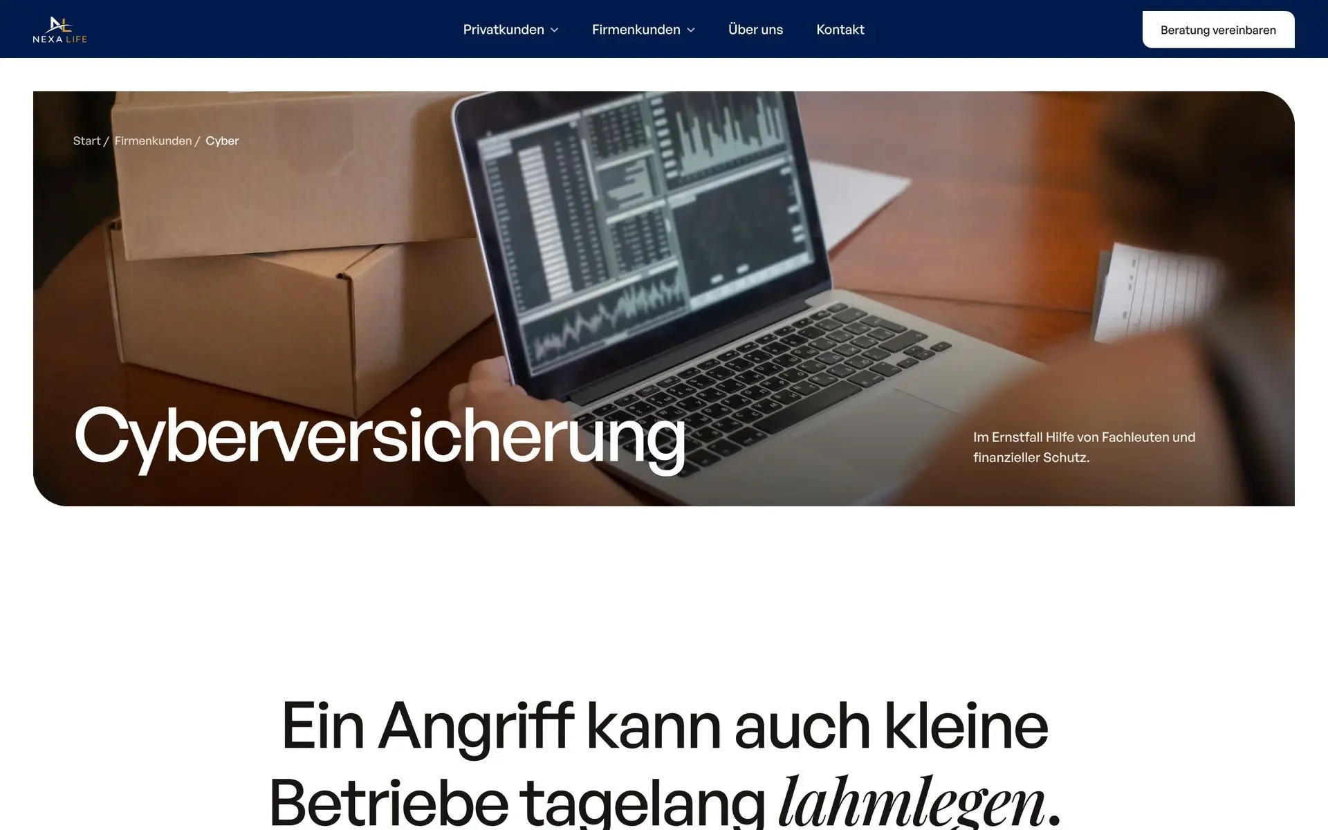 The cyber insurance page on nexalife.ch: its photo card unfolds from the lower corner, the title on it and the statement for small businesses below