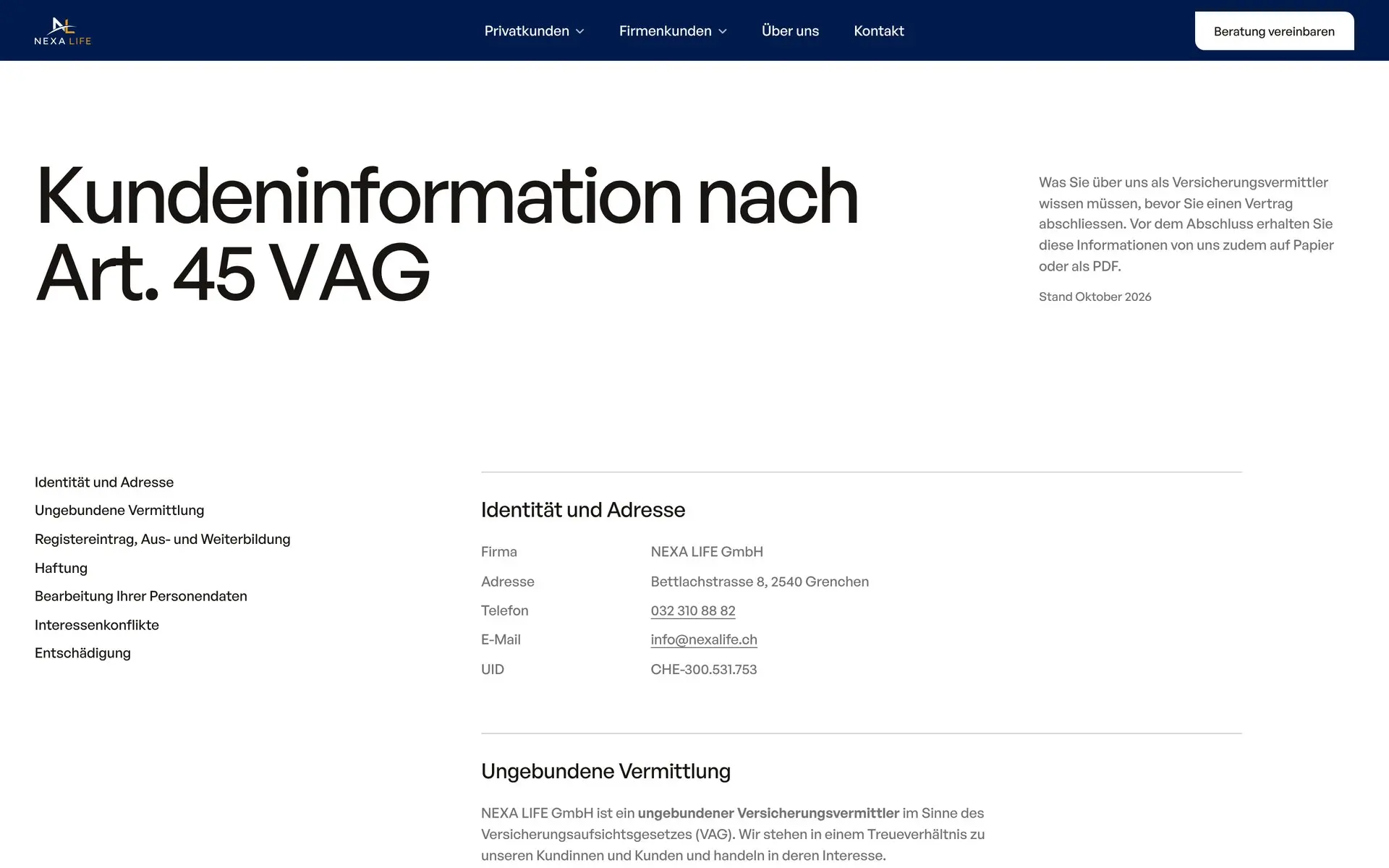 The Art. 45 VAG client information on nexalife.ch: name and address, untied intermediary, FINMA register number, liability and remuneration