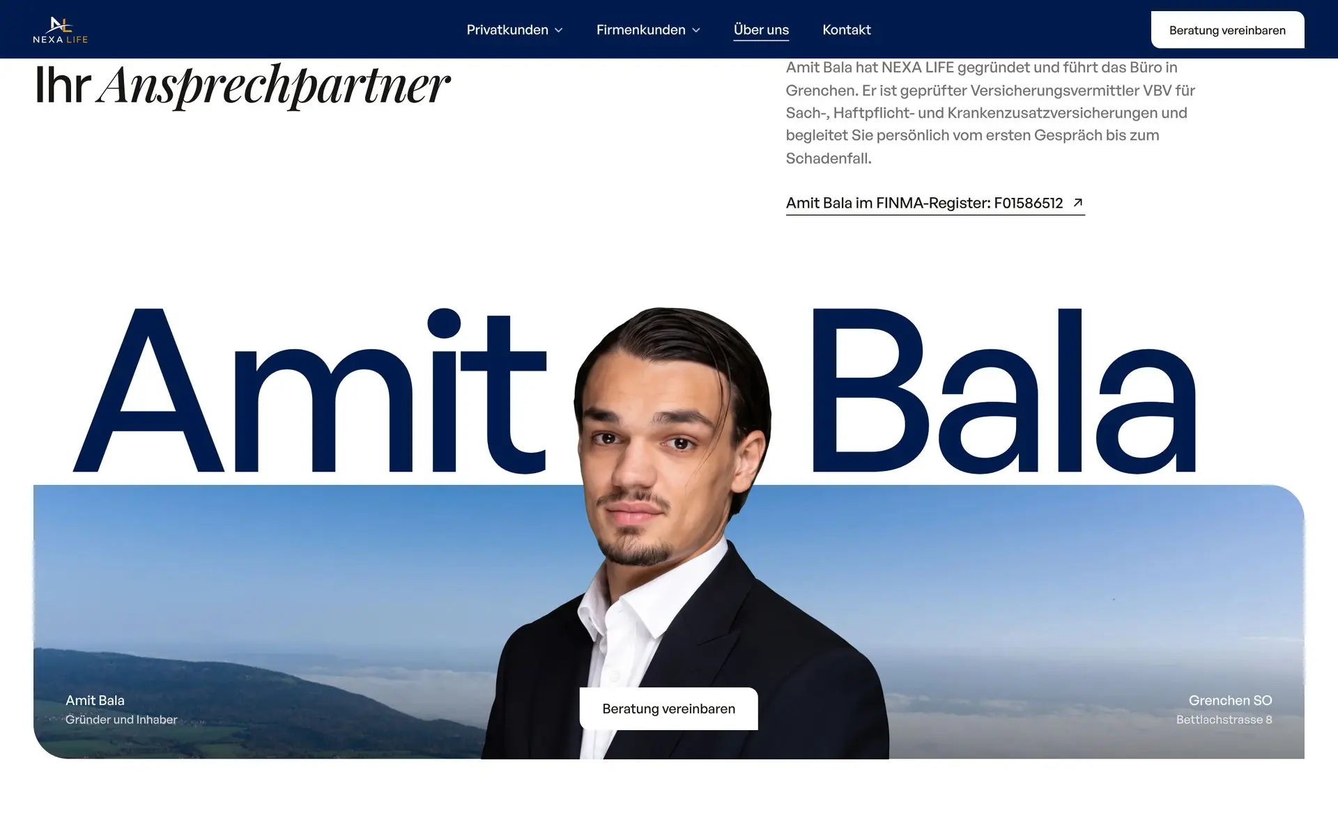 The About page of NEXA LIFE: the owner's name, Amit Bala, set very large in navy, and he himself in front of a card of the Jura