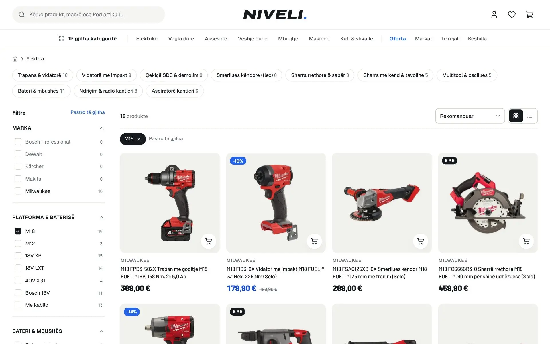 Filtrat e menjëhershëm në kategorinë e veglave elektrike te Niveli: zgjedhja e platformës së baterisë M18 e ngushton rrjetën menjëherë, 79 produkte bëhen 16, numrat e markave ndryshojnë dhe filtri del si etiketë që hiqet me një klik