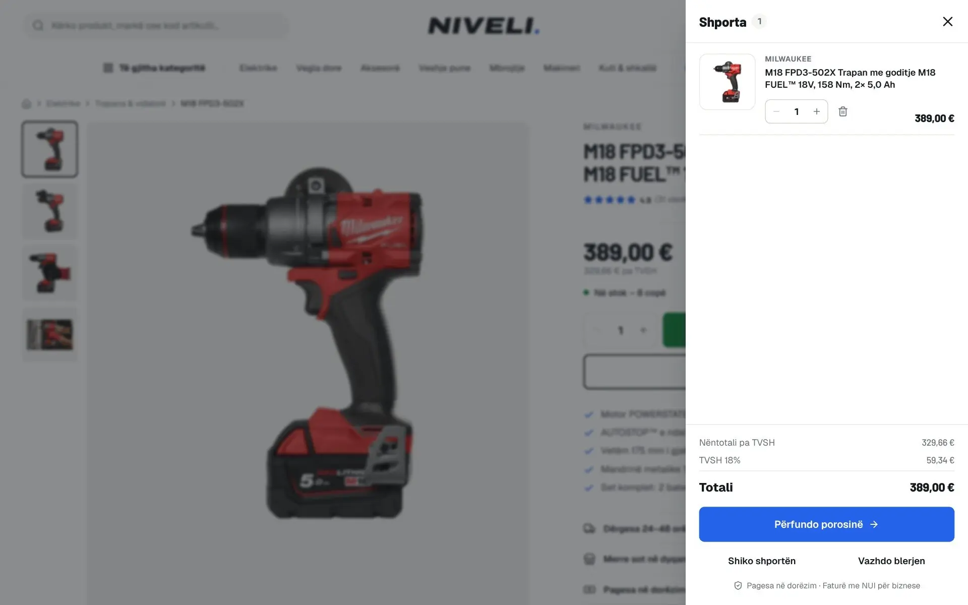 Një faqe produkti te Niveli: fotoja zmadhohet aty ku shkon treguesi, pastaj butoni Shto në shportë bëhet shenjë konfirmimi dhe shporta rrëshqet nga e djathta me produktin brenda