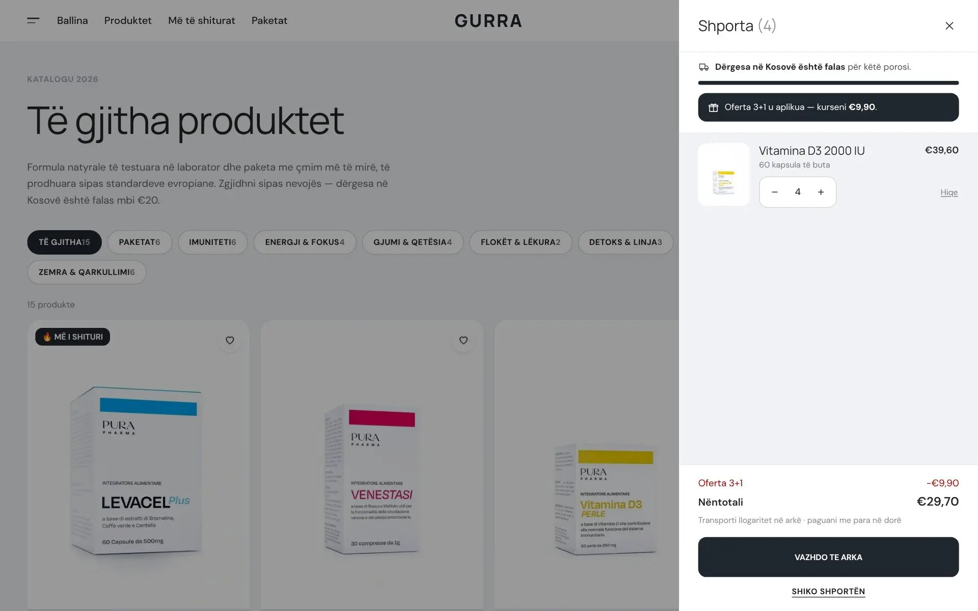 Dyqani i suplementeve Gurra: shtohet një produkt, shporta rrëshqet nga ana dhe shiriti i dërgesës falas mbushet ndërsa rritet sasia