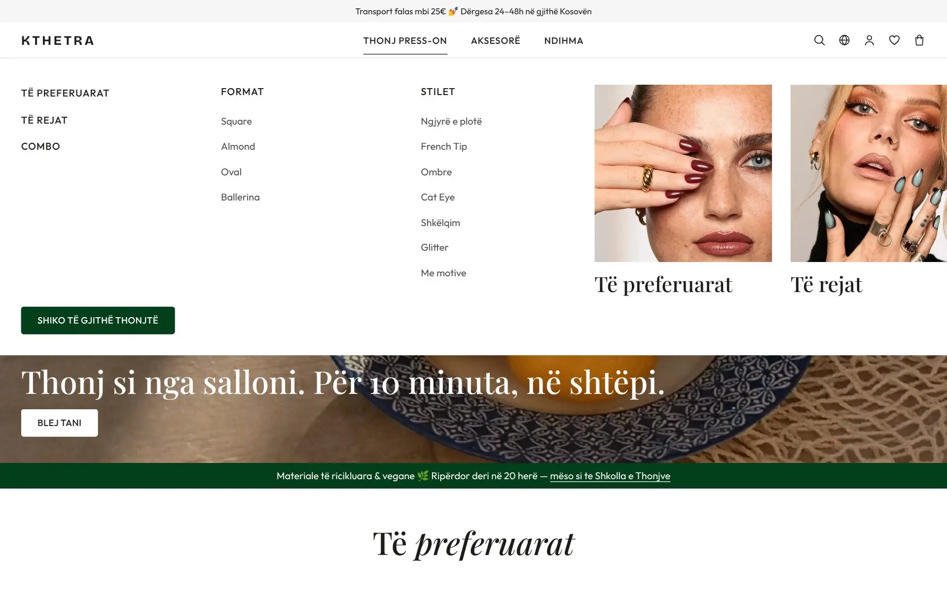 Dyqani i thonjve press-on Kthetra: kur kalon mbi menynë, bie një panel mbi faqe me format e thonjve dhe dy foto që zmadhohen lehtë