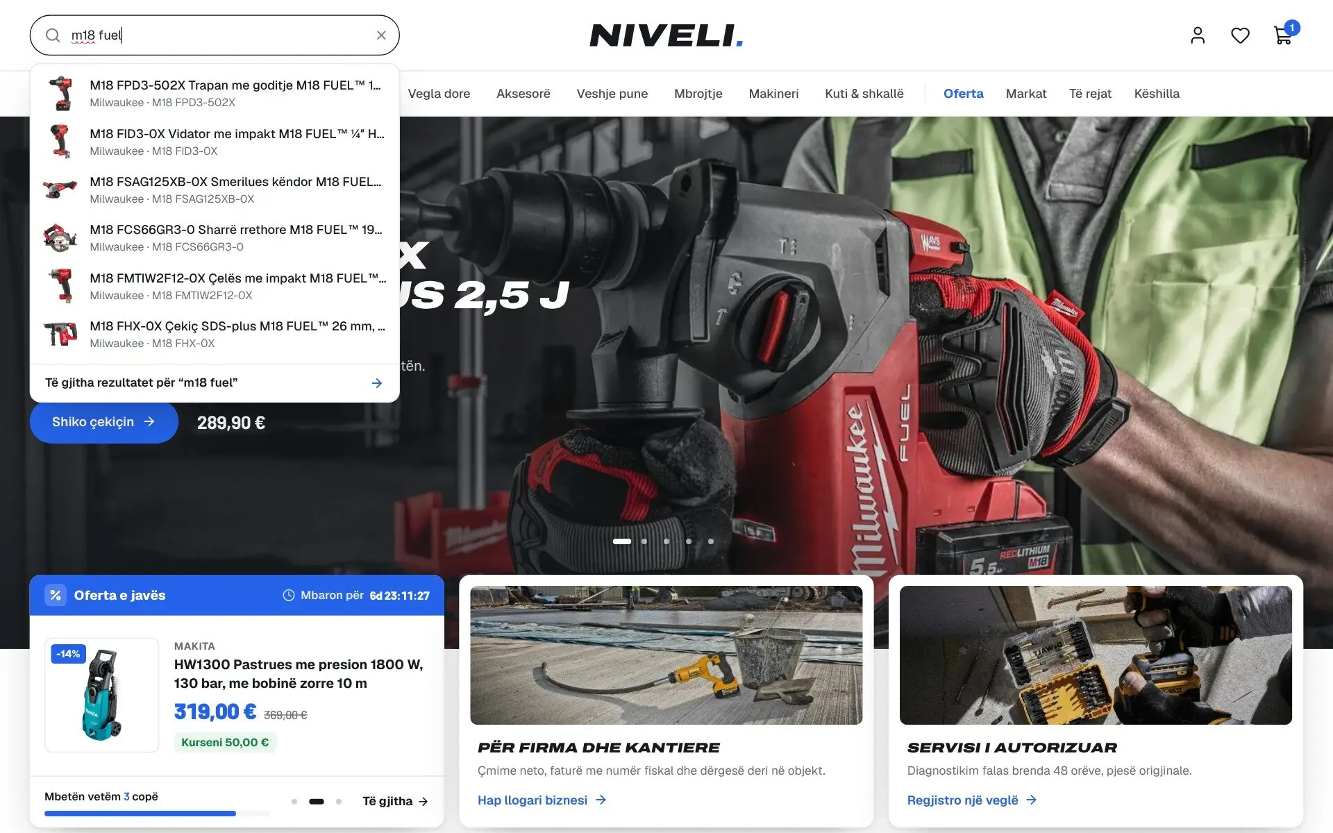 Kërkimi në dyqanin Niveli: shkrimi i m18 fuel hap nën kutinë një listë me veglat që përputhen, secila me foton, markën dhe kodin