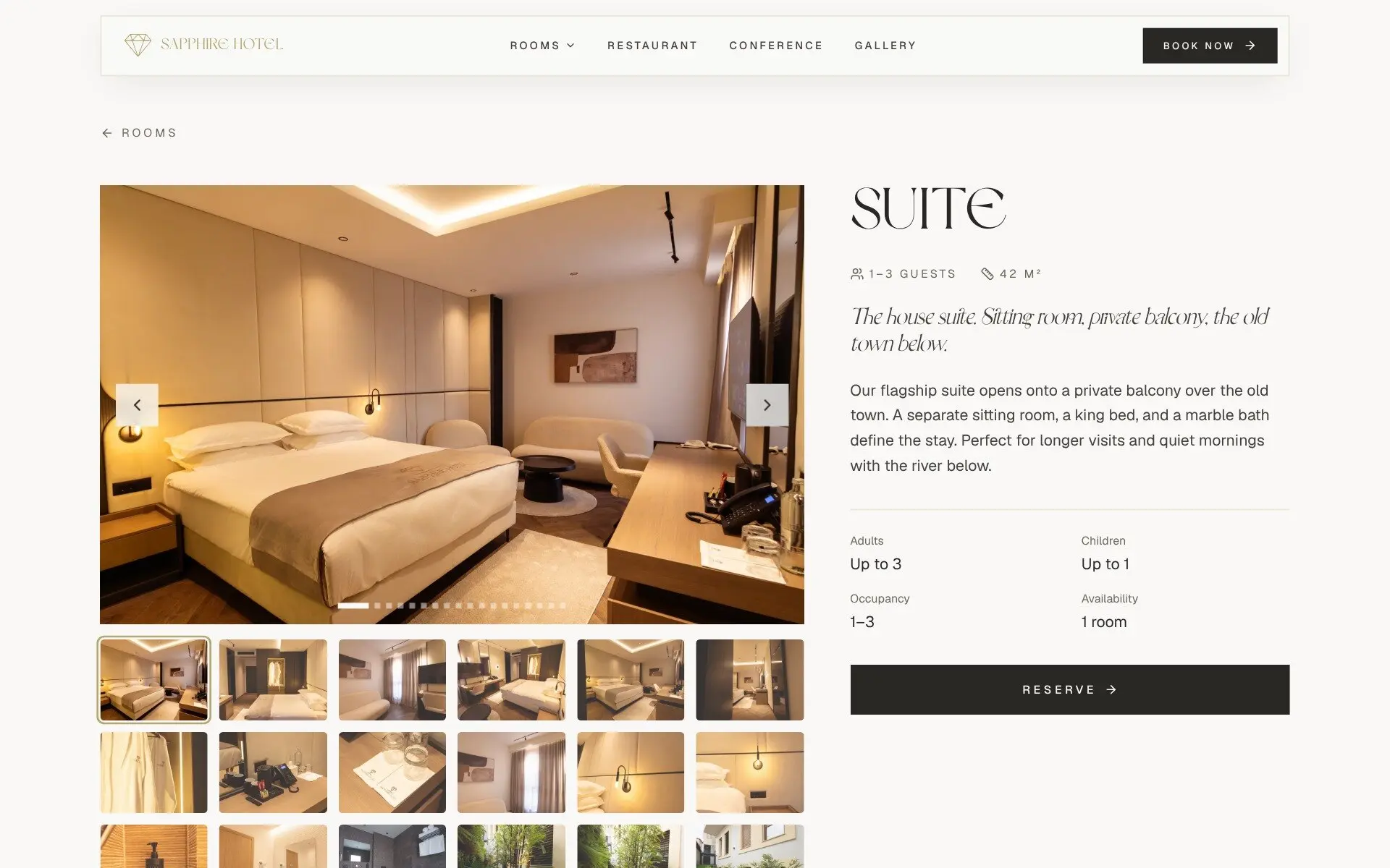 Faqja e Suite në sapphirehotelks.com: fotot e dhomës pranë madhësisë, numrit të mysafirëve dhe butonit Reserve