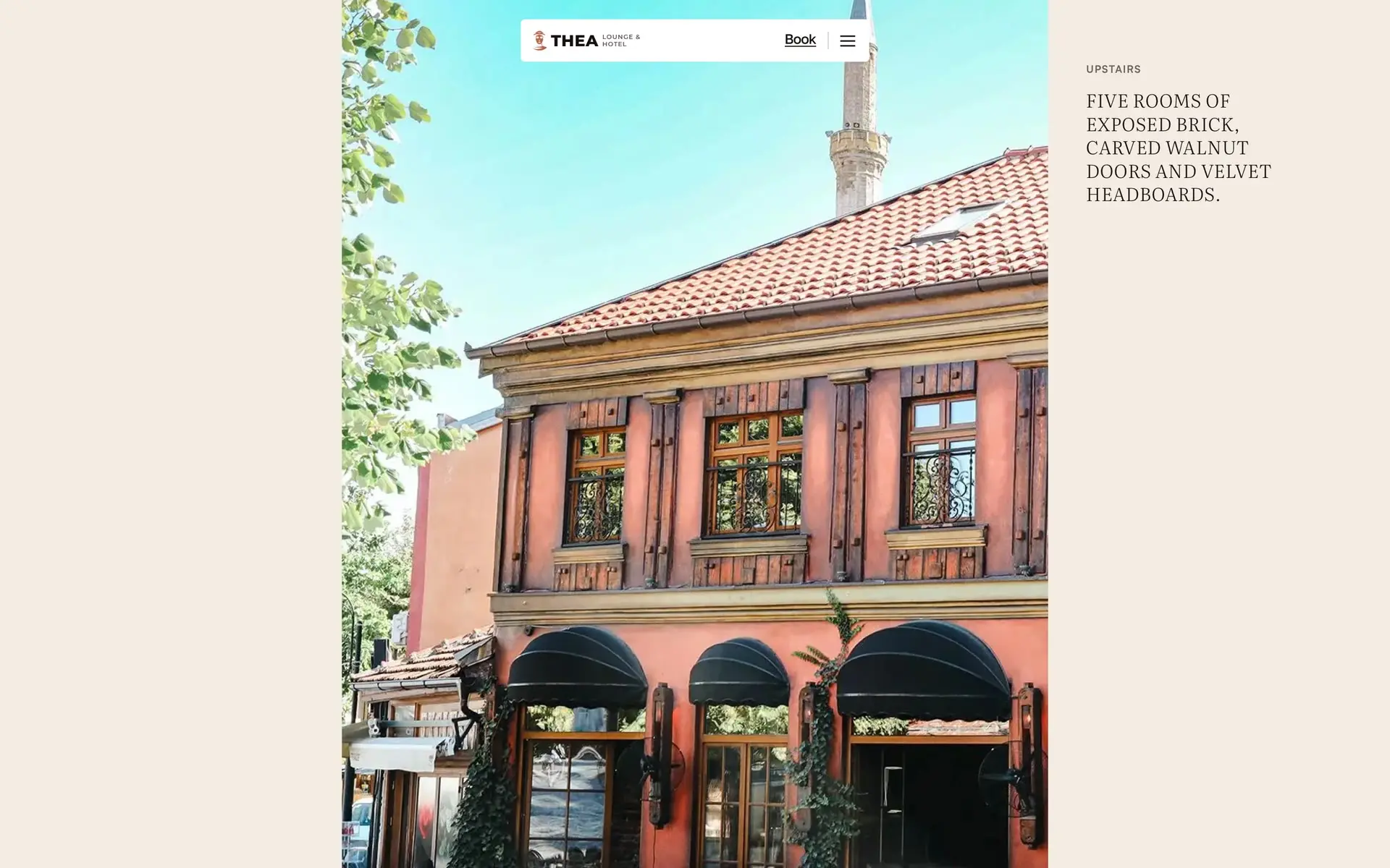 The intro of theahotel.com: a cream sheet slides over the dark hero, then the terracotta façade on Shadërvan square grows between two notes, Ground floor and Upstairs