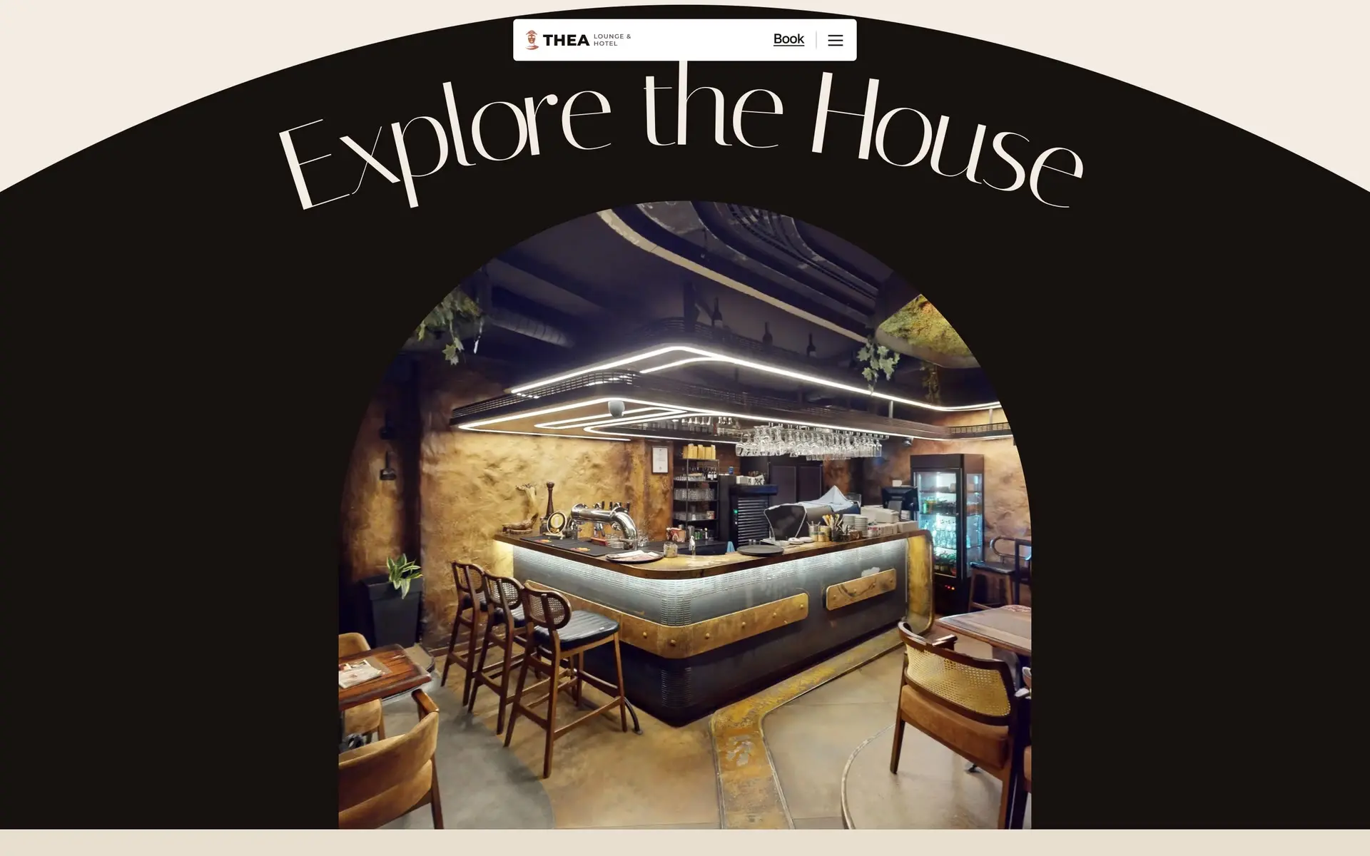 Explore the House on theahotel.com: the title curves along a dark dome rising out of the cream page while a photo of the lounge bar grows inside a round-topped arch
