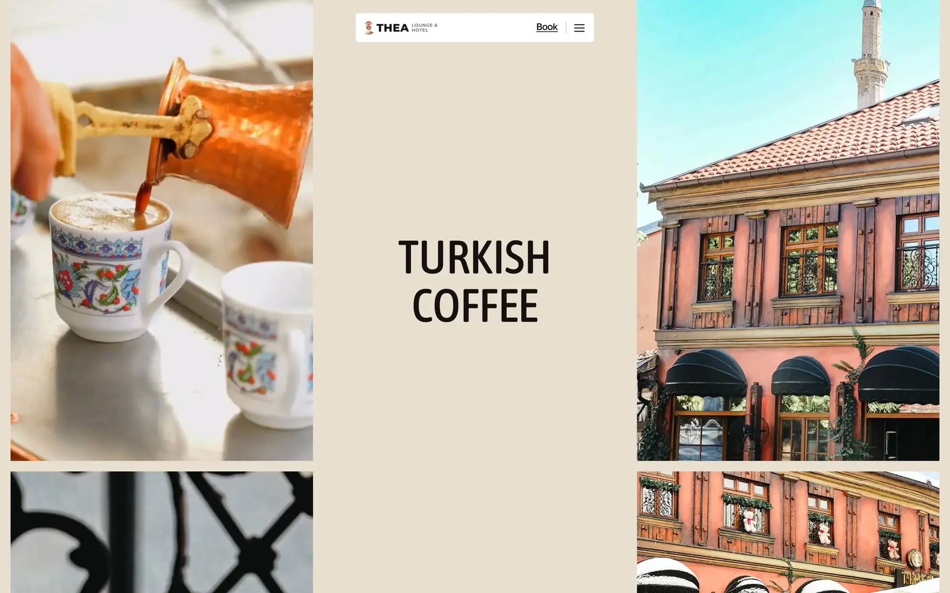 The lounge rows on theahotel.com: Turkish coffee poured from a copper pot, the words TURKISH COFFEE in the middle and the hotel's façade, changing to espresso and house cocktails as the page scrolls