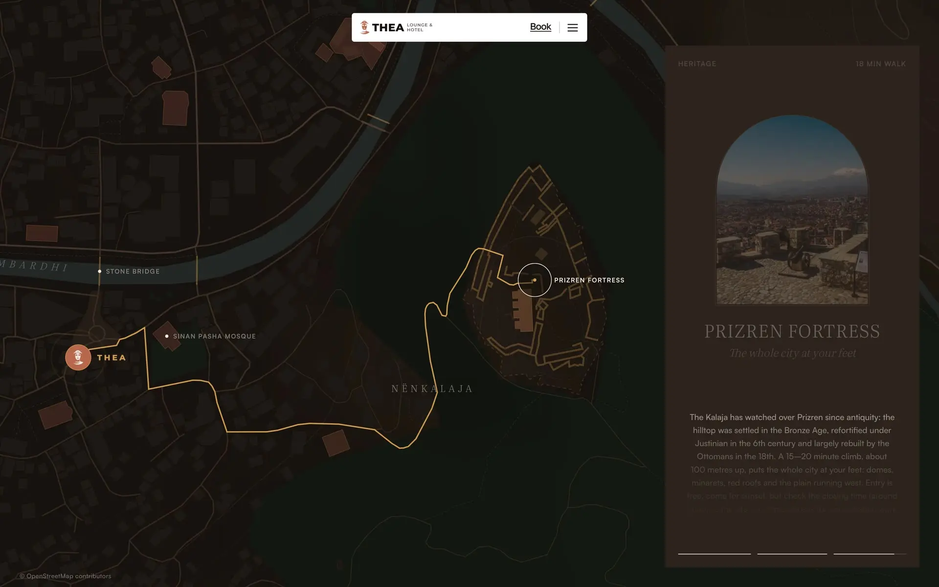 The old-town map on theahotel.com: walking routes draw from Thea to the Stone Bridge, the Sinan Pasha Mosque and Prizren Fortress over a dark map of Prizren, a card for each place