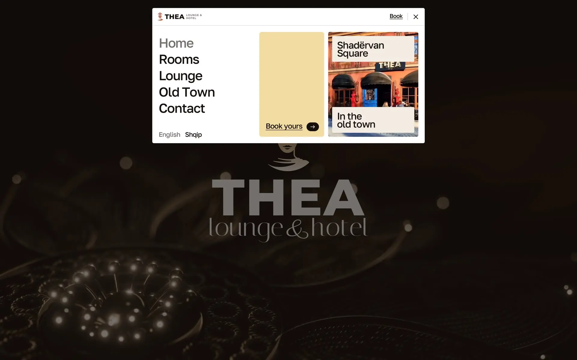 The Thea menu opening from the header pill over the dimmed homepage, Home, Rooms, Lounge, Old Town and Contact beside a photo of the square, then a curtain carrying the page to the lounge