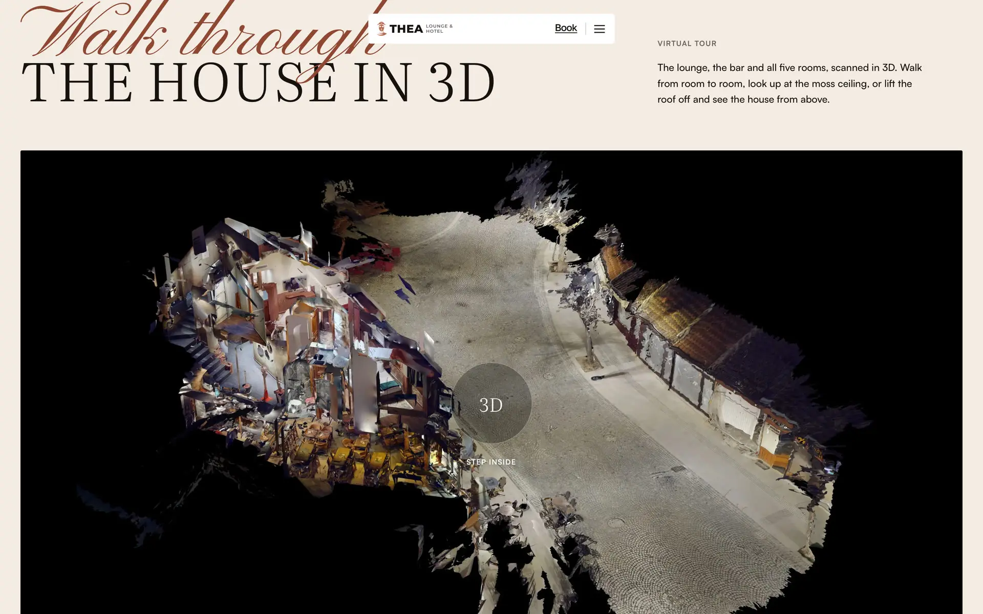 Walk through the house in 3D on theahotel.com: a dollhouse view of the whole house on black, the lounge and the rooms seen from above