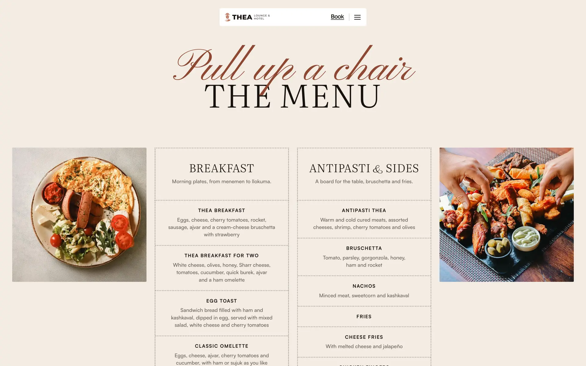 The lounge page of theahotel.com: Pull up a chair, THE MENU, the breakfast and antipasti columns between photos of the dishes