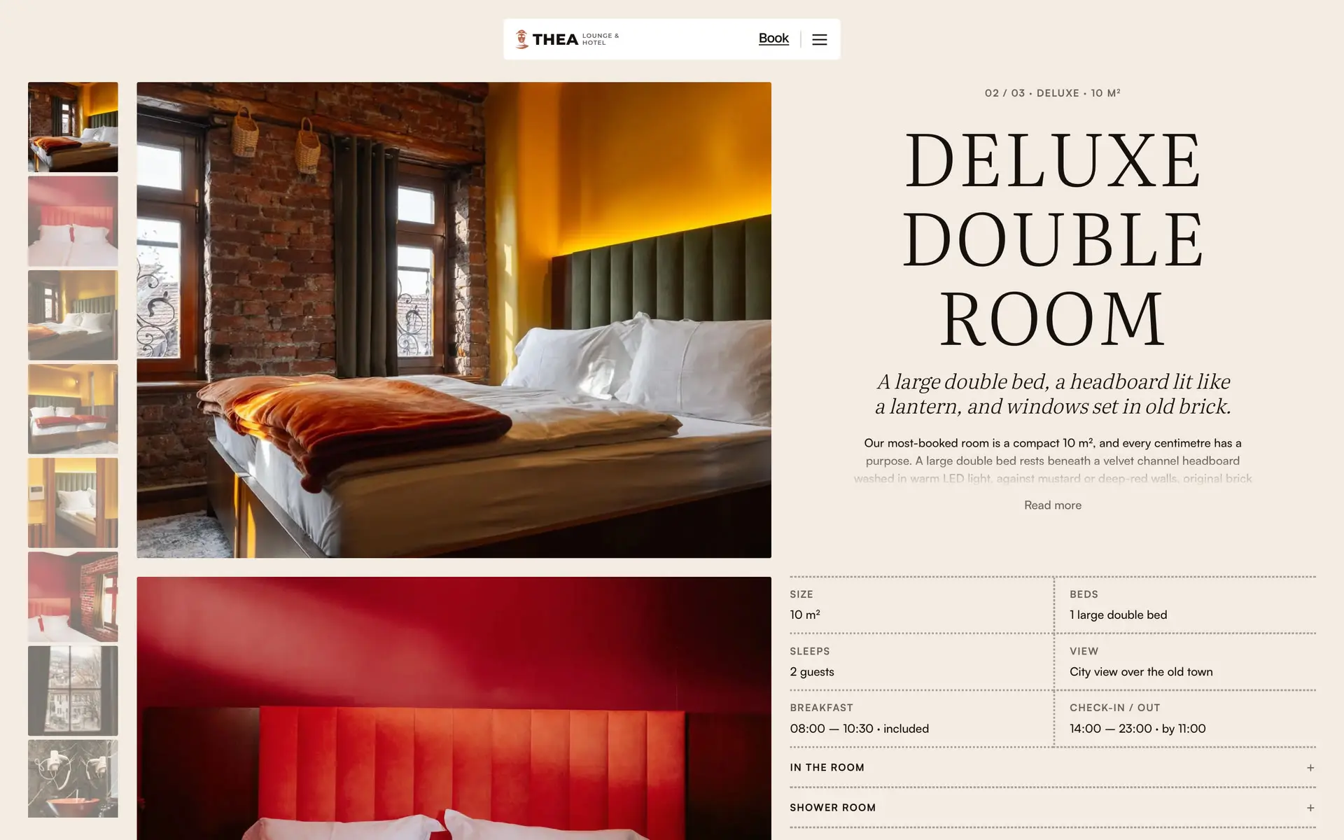 The Deluxe Double Room page of theahotel.com: a column of photos beside the room's name, a short description and its size, beds and view