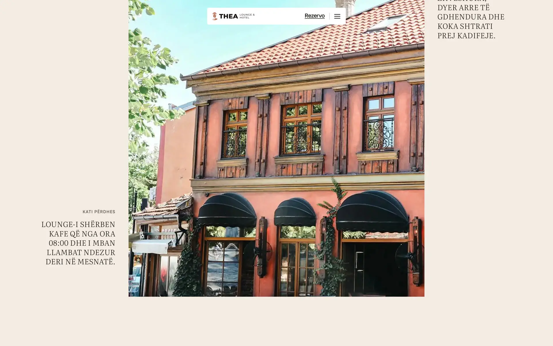 The Thea homepage in Albanian: the façade on Shadërvan square beside a line about the five rooms of brick, walnut and velvet