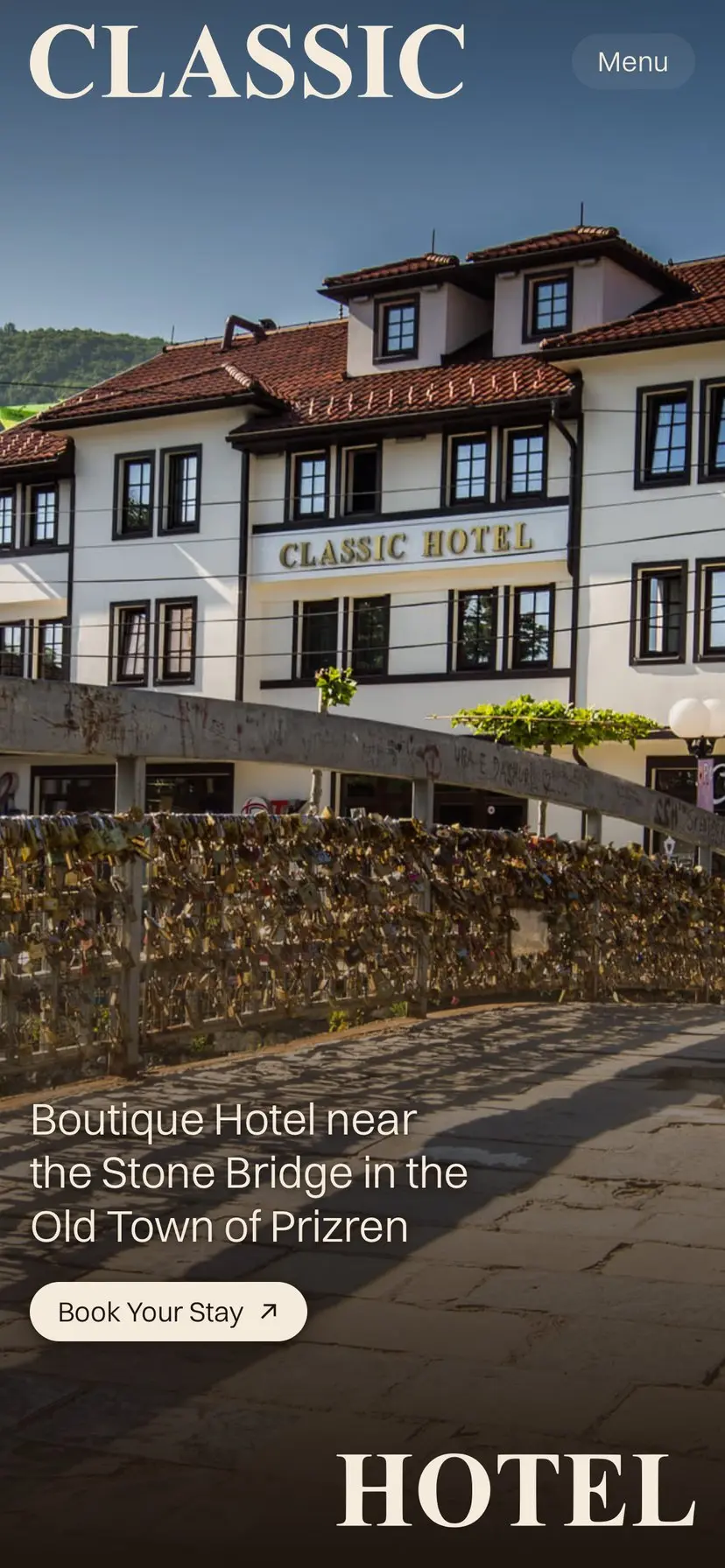 The Classic Hotel homepage on a phone