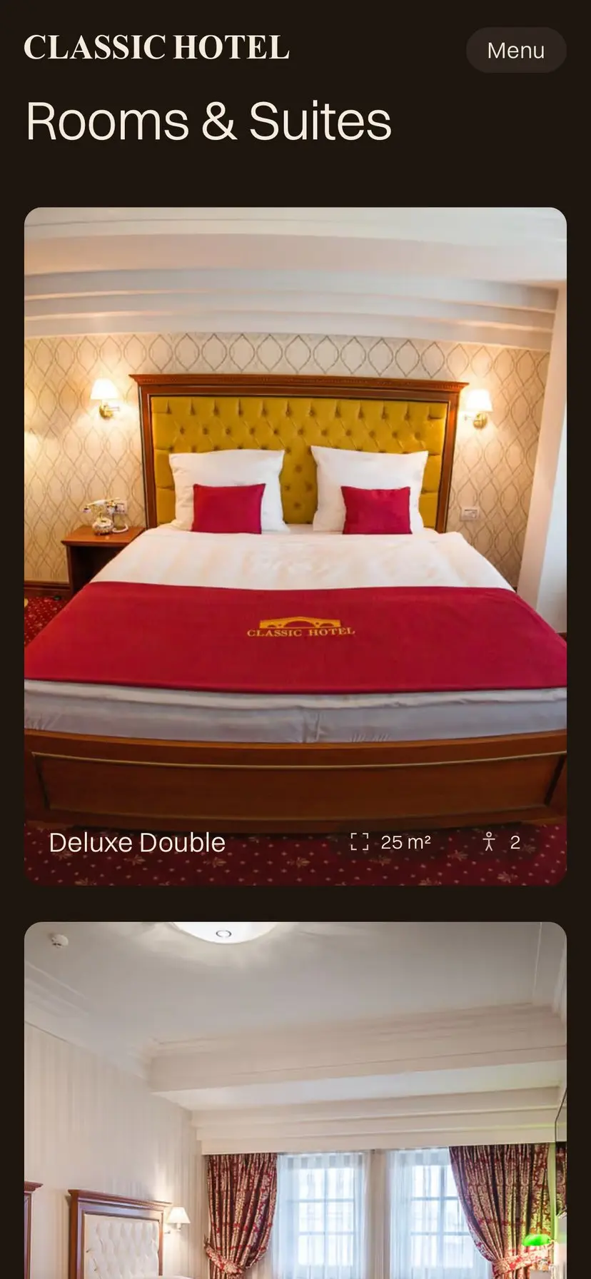 The Rooms & Suites cards of Classic Hotel on a phone
