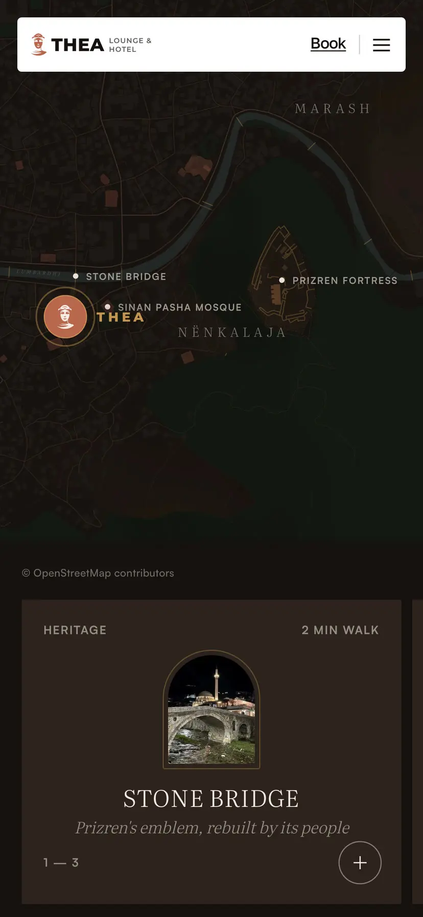 The old-town map of Thea on a phone, with a card for the Stone Bridge