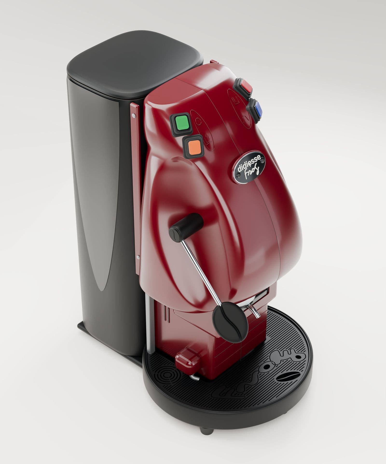 E kuqe rubin, nga lart: E njëjta gjeometri në një ngjyrë tjetër, me mbishkrimin Frog në tabaka. Aparati espresso 3D që ndërtuam për Caffè Iuliano, Pluton Studio