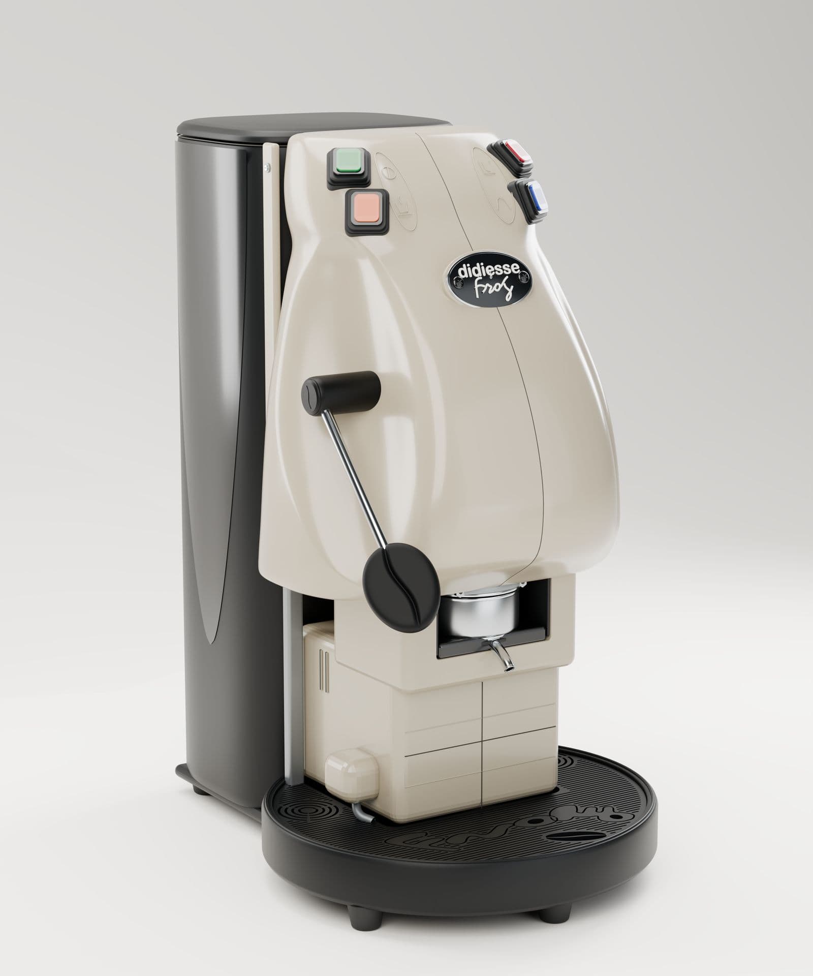 Aparati espresso Didiesse Frog në ngjyrë fildishi, render studioje i modelit 3D që ndërtuam për Caffè Iuliano