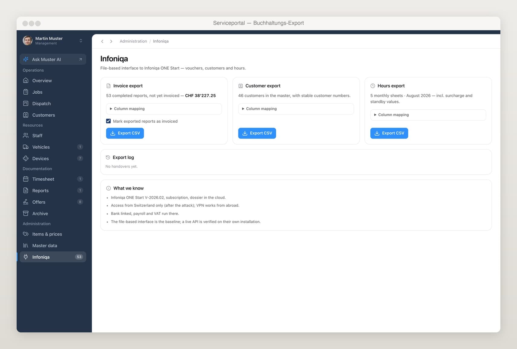 The handover to accounting: Invoices, customers and hours leave the system as a file batch, frozen and re-downloadable. Instead of an afternoon of retyping.. A field-service platform for a Swiss company, Pluton Studio