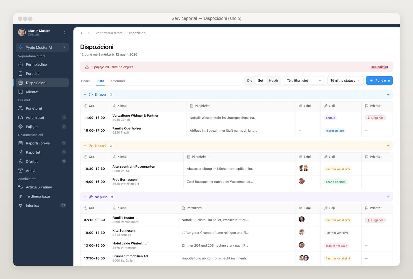 The same software in Albanian: Part of the workforce is more comfortable in Albanian. The interface switches while you work and the data underneath is identical.. A field-service platform for a Swiss company, Pluton Studio